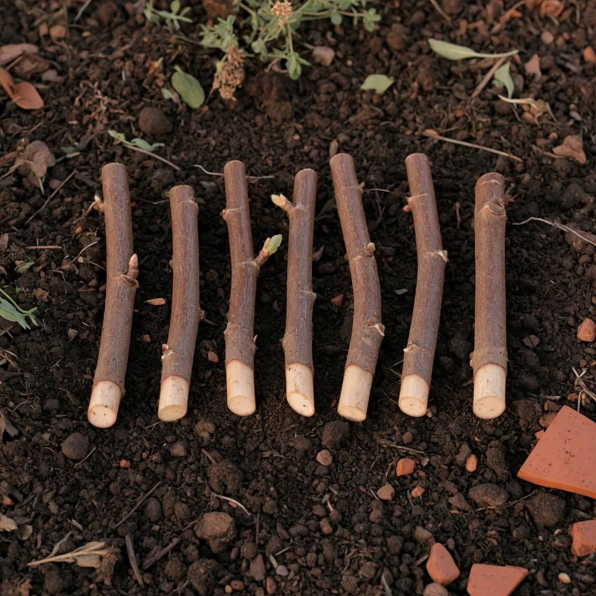 Several short root cuttings arranged horizontally on dark soil to demonstrate proper spacing.