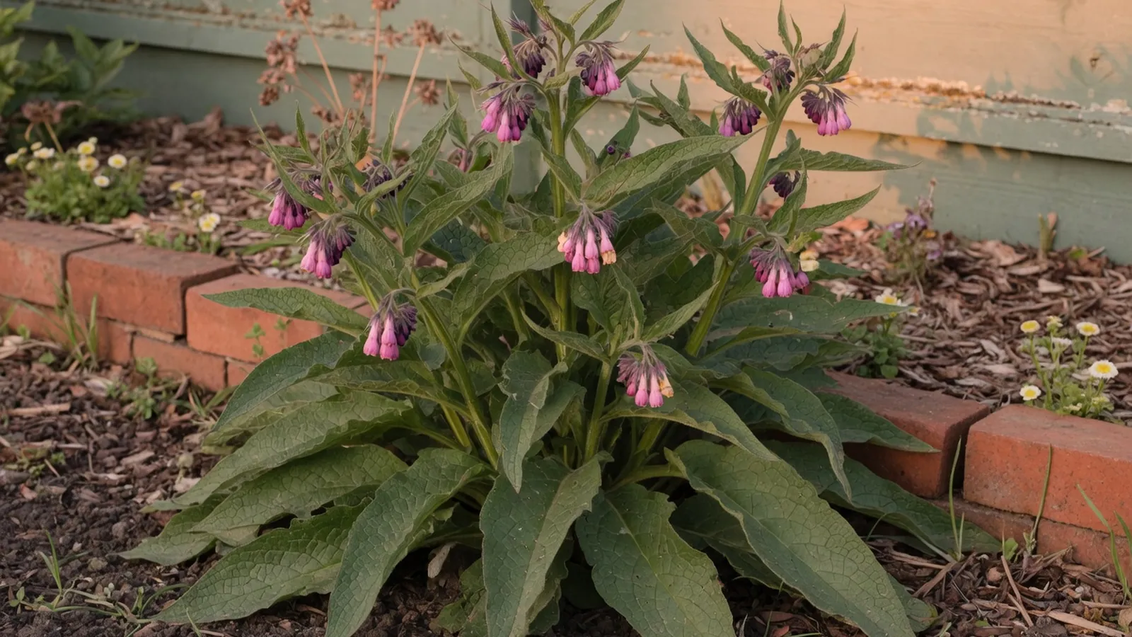 A blooming comfrey plant displaying its distinctive mauve flowers and broad foliage in a garden setting.