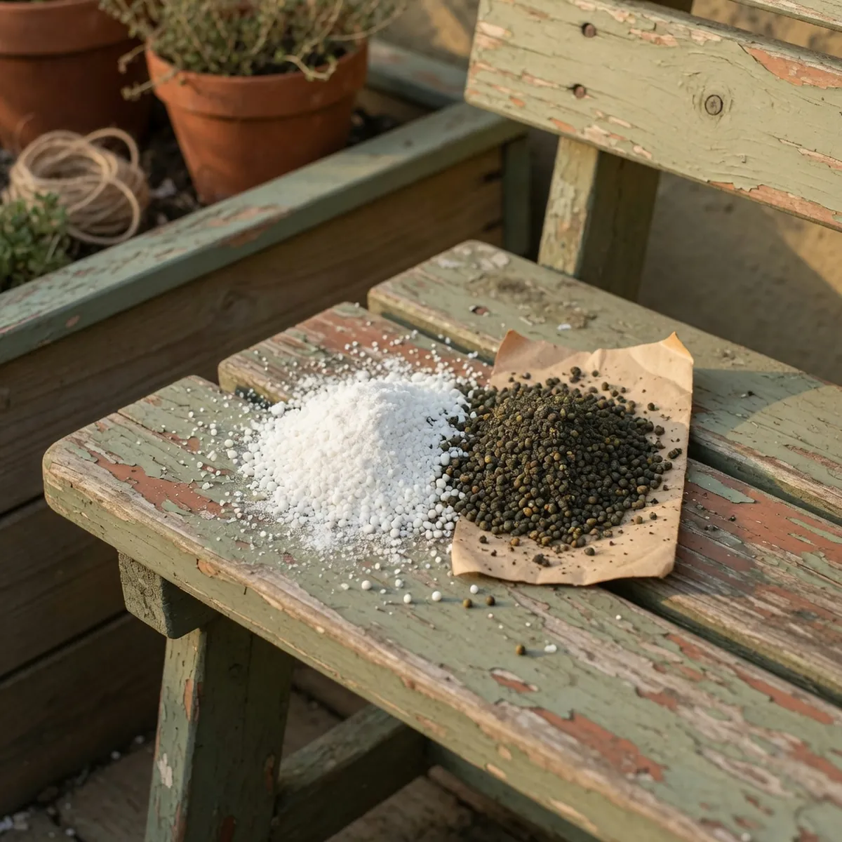 Granulated lime and sulfur fertilizer pellets arranged on a wooden surface.