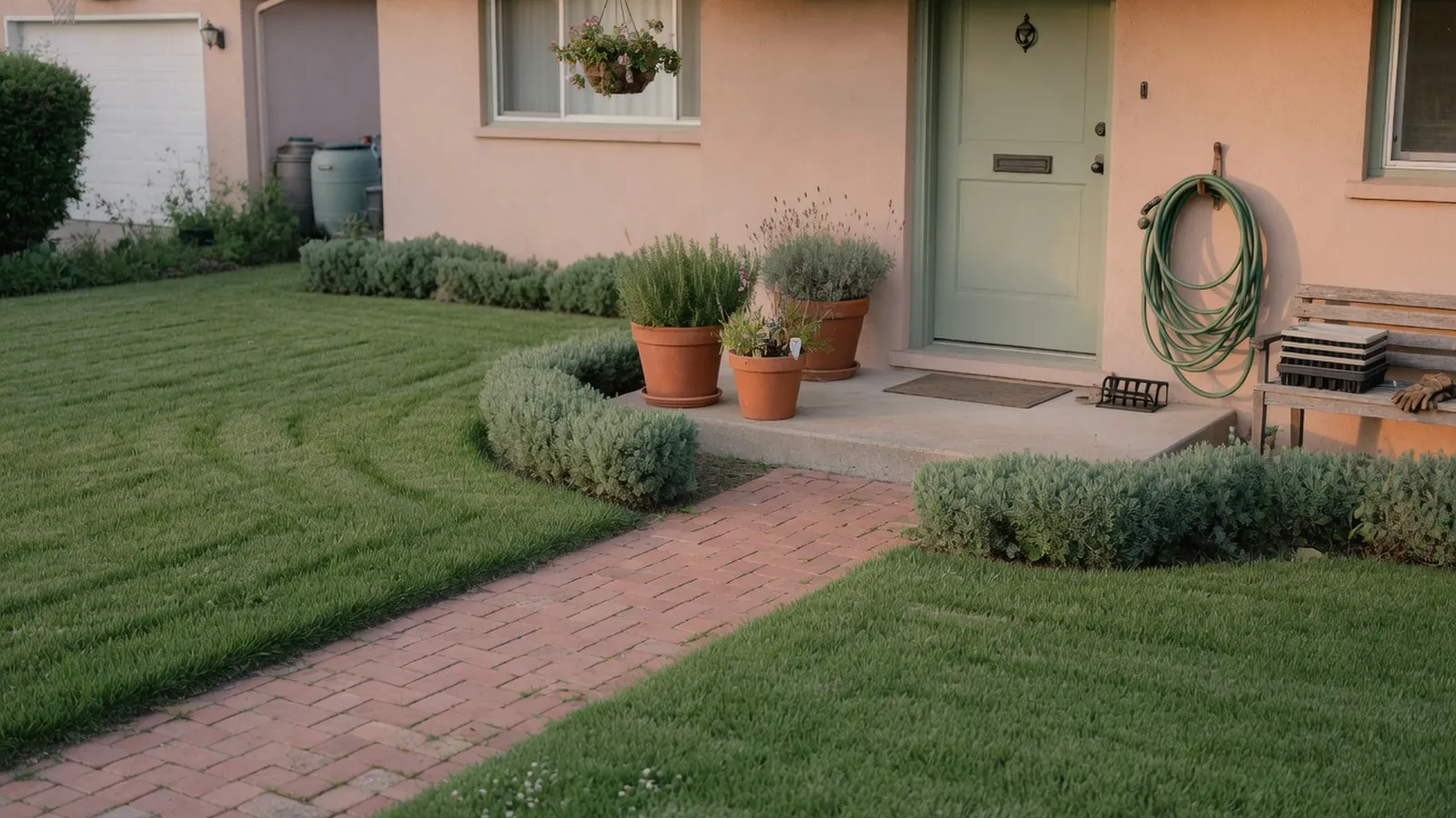 A neatly trimmed suburban front lawn leading up to a house entrance.