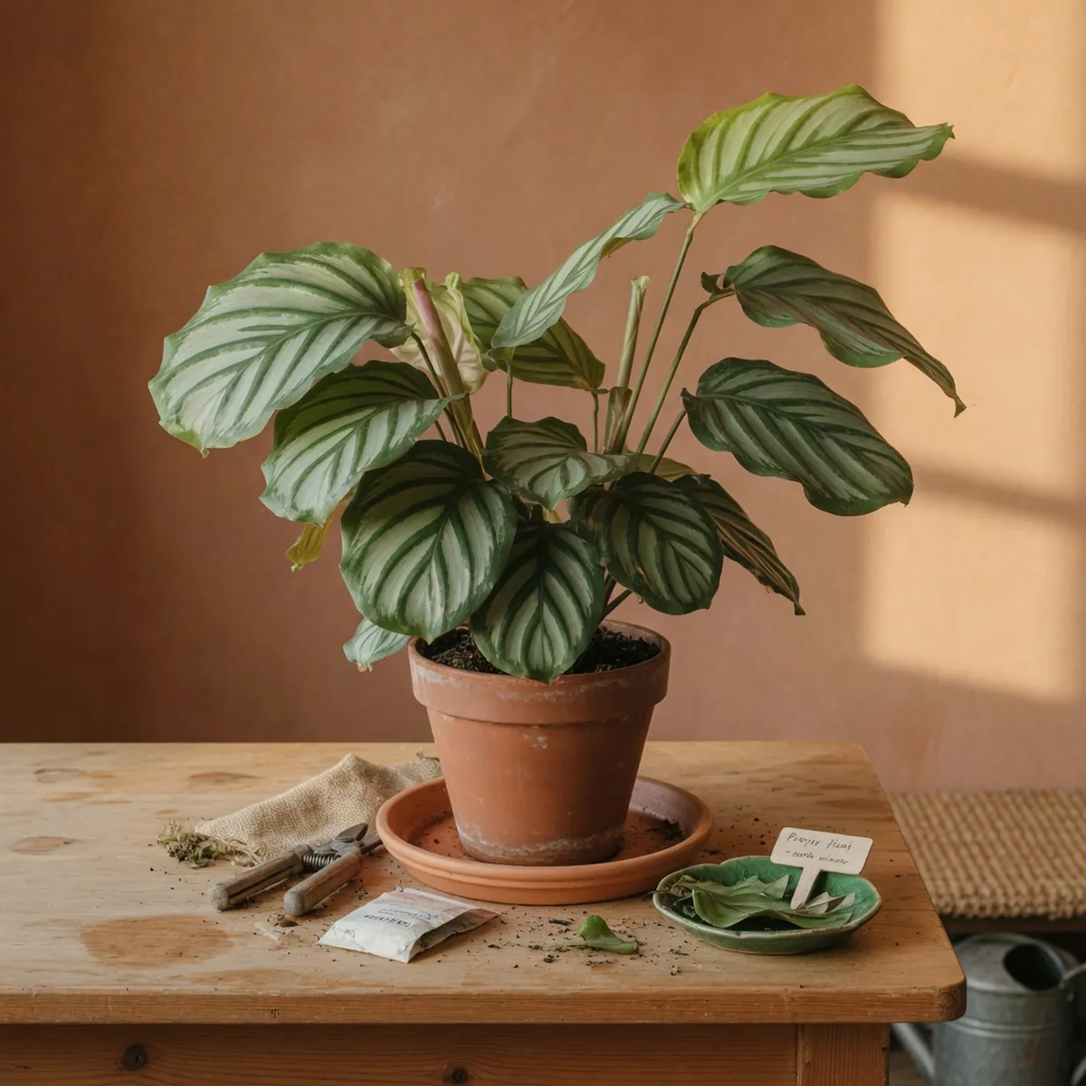 A potted calathea plant sits on a wooden surface with lush variegated leaves reaching upward.