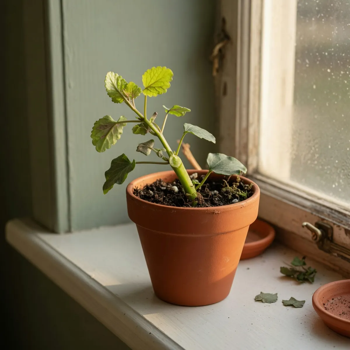 A pruned Swedish ivy stem with a fresh cut end and new leaves in a terracotta pot.