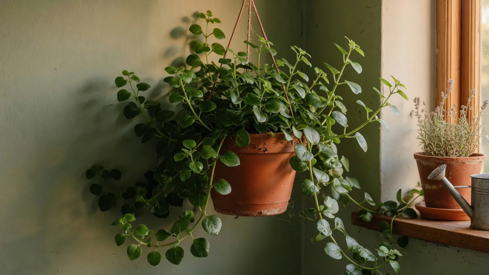 A lush cascading Swedish ivy plant in a hanging basket displaying glossy oval leaves.