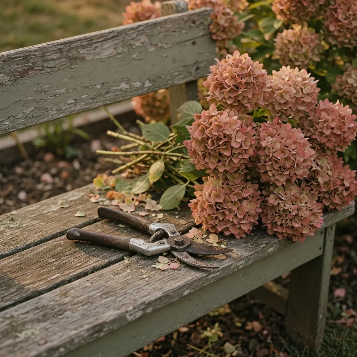 A pair of pruning shears resting on a weathered wooden garden bench beside a trimmed Vanilla Strawberry Hydrangea shrub.
