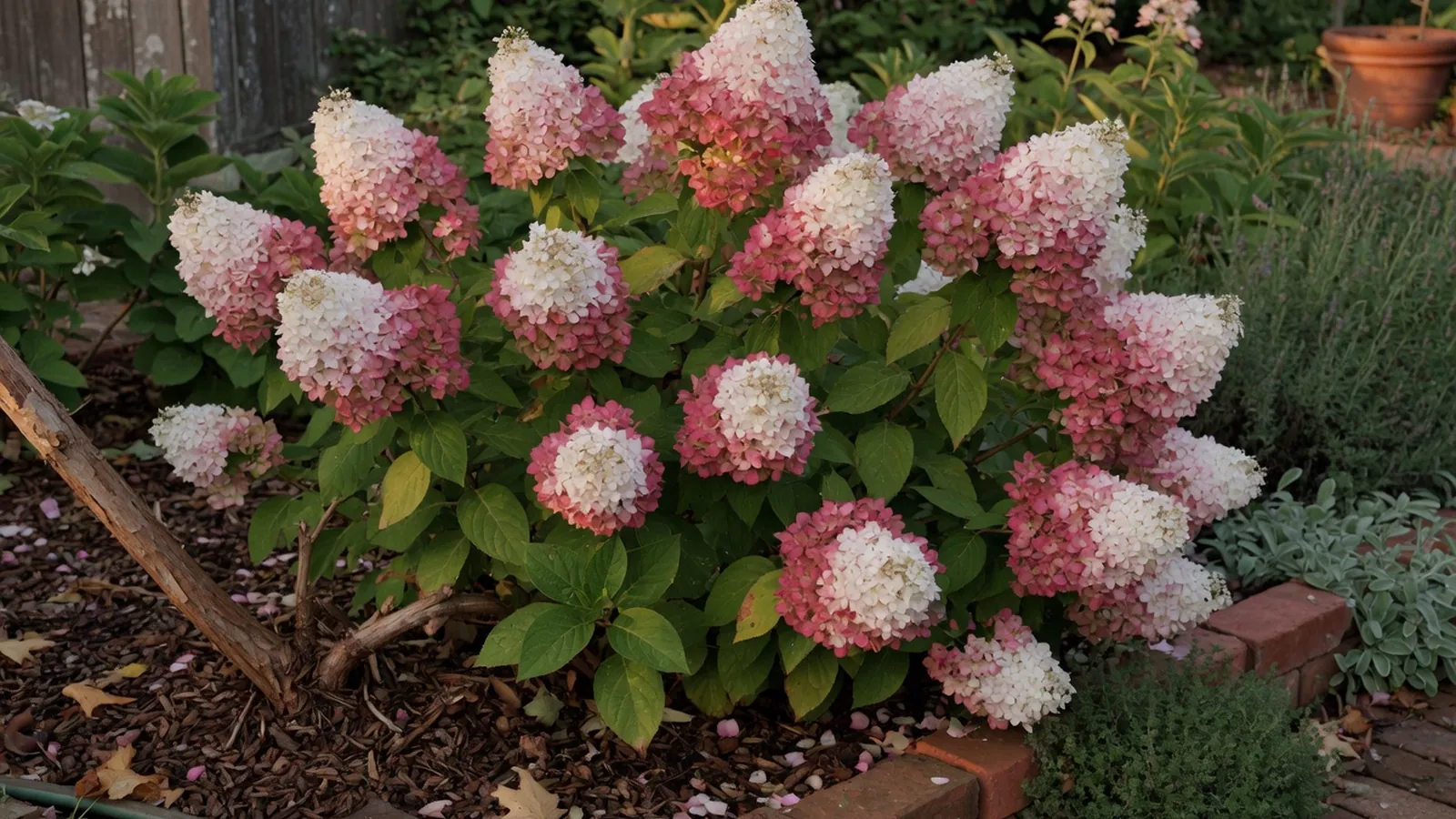 A mature Vanilla Strawberry Hydrangea shrub displaying conical flower heads with white, pink, and red blooms against green leaves.