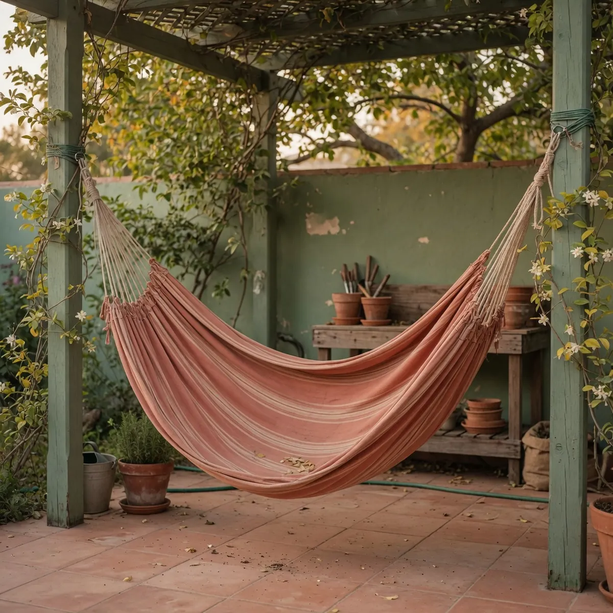 A wide cotton hammock suspended without rigid bars, showing its flexible cradling shape.