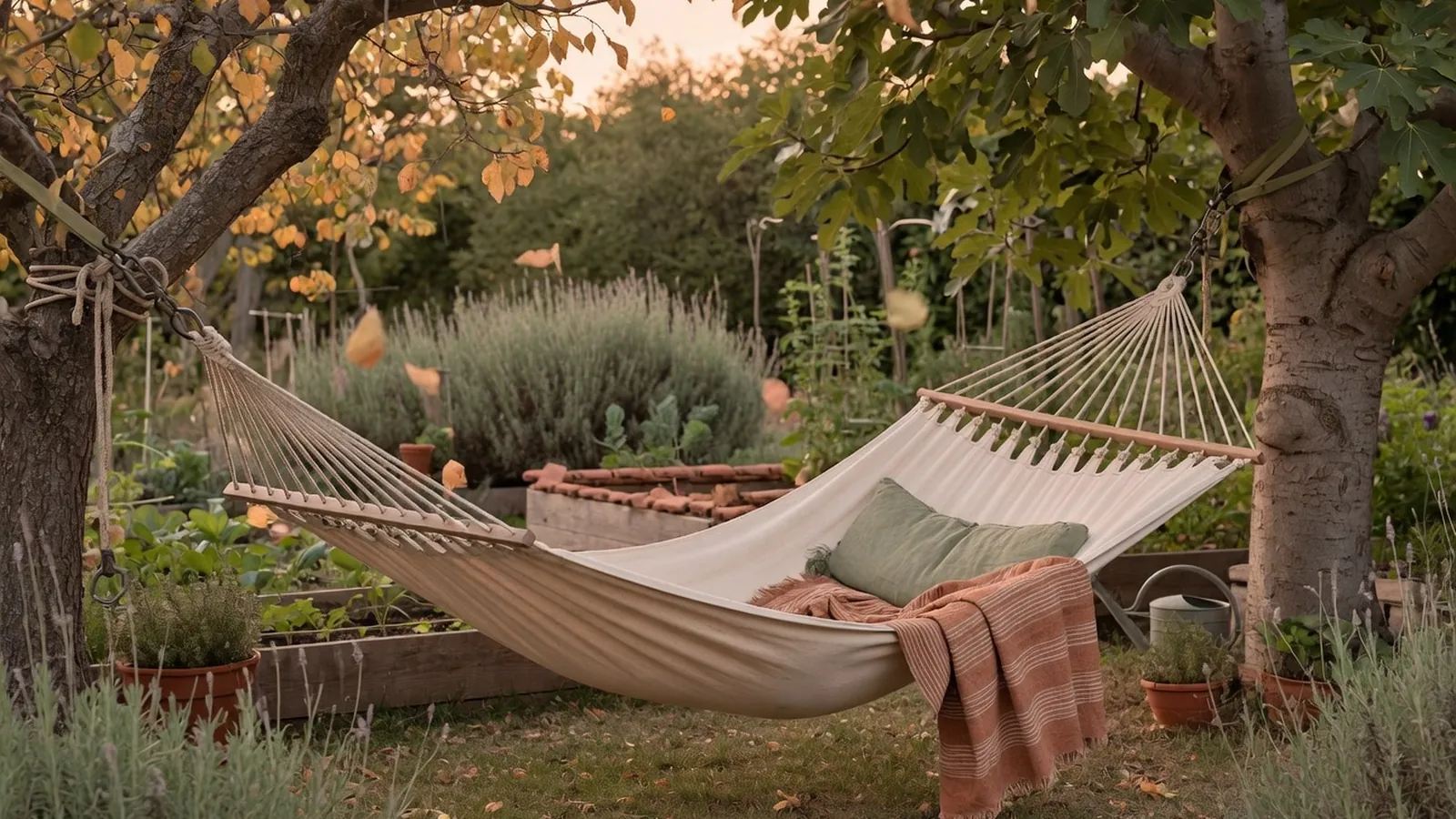 A sturdy fabric hammock suspended between two mature trees in a sun-dappled garden.