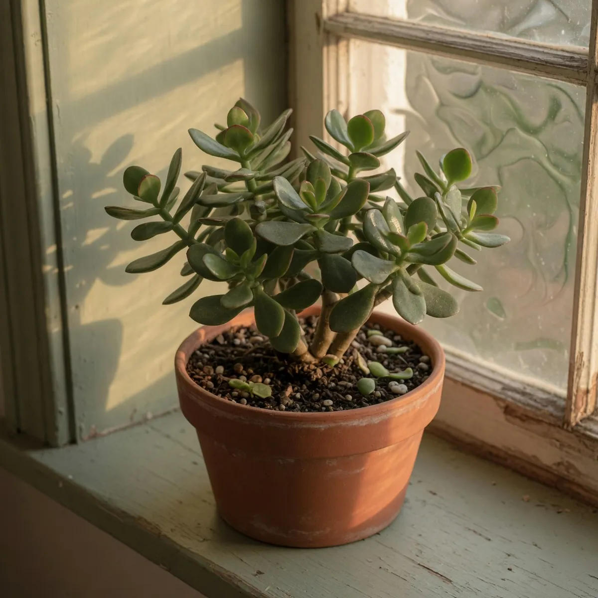 A jade plant with thick green leaves and reddish edges growing in a well-draining pebble mix.