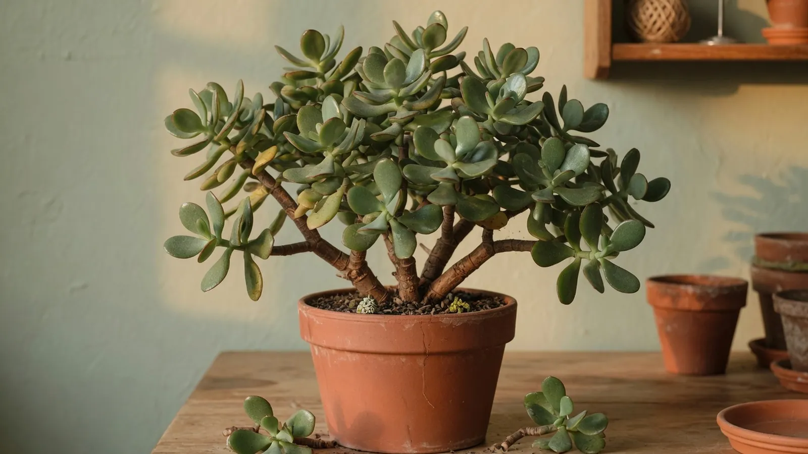 A mature jade plant with thick stems and glossy green leaves in a ceramic pot.