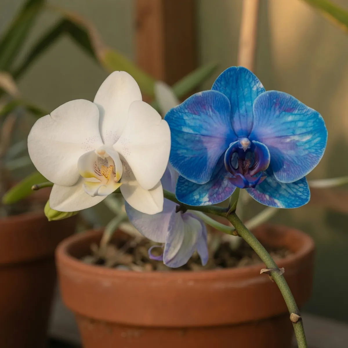 A white orchid bloom next to a blue-dyed bloom on the same stem.