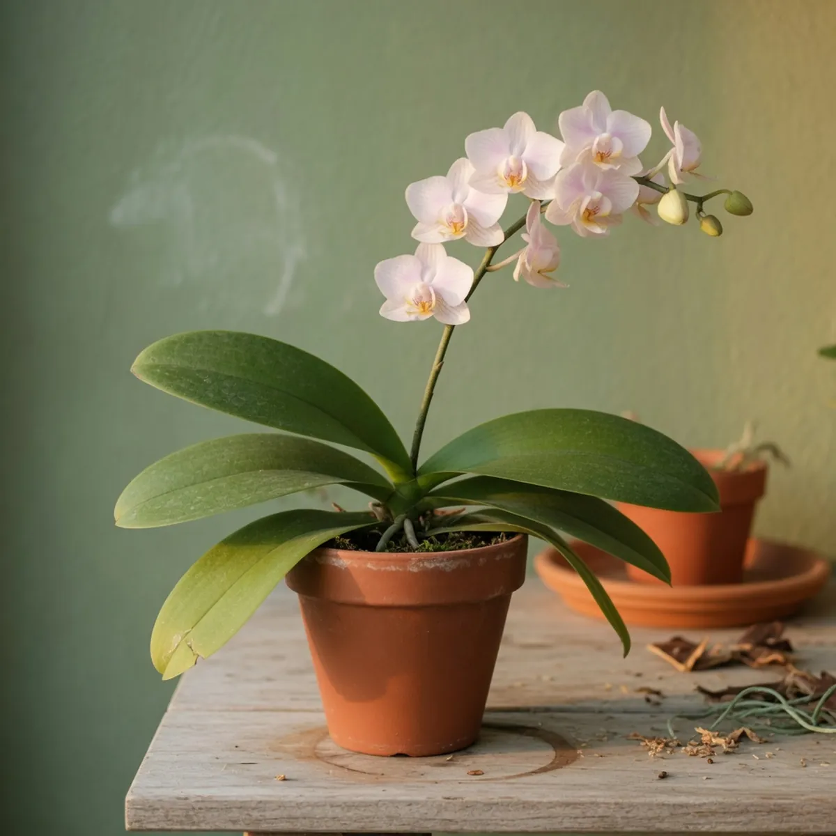 A healthy Phalaenopsis orchid displaying firm medium-green leaves and a sturdy flowering spike.