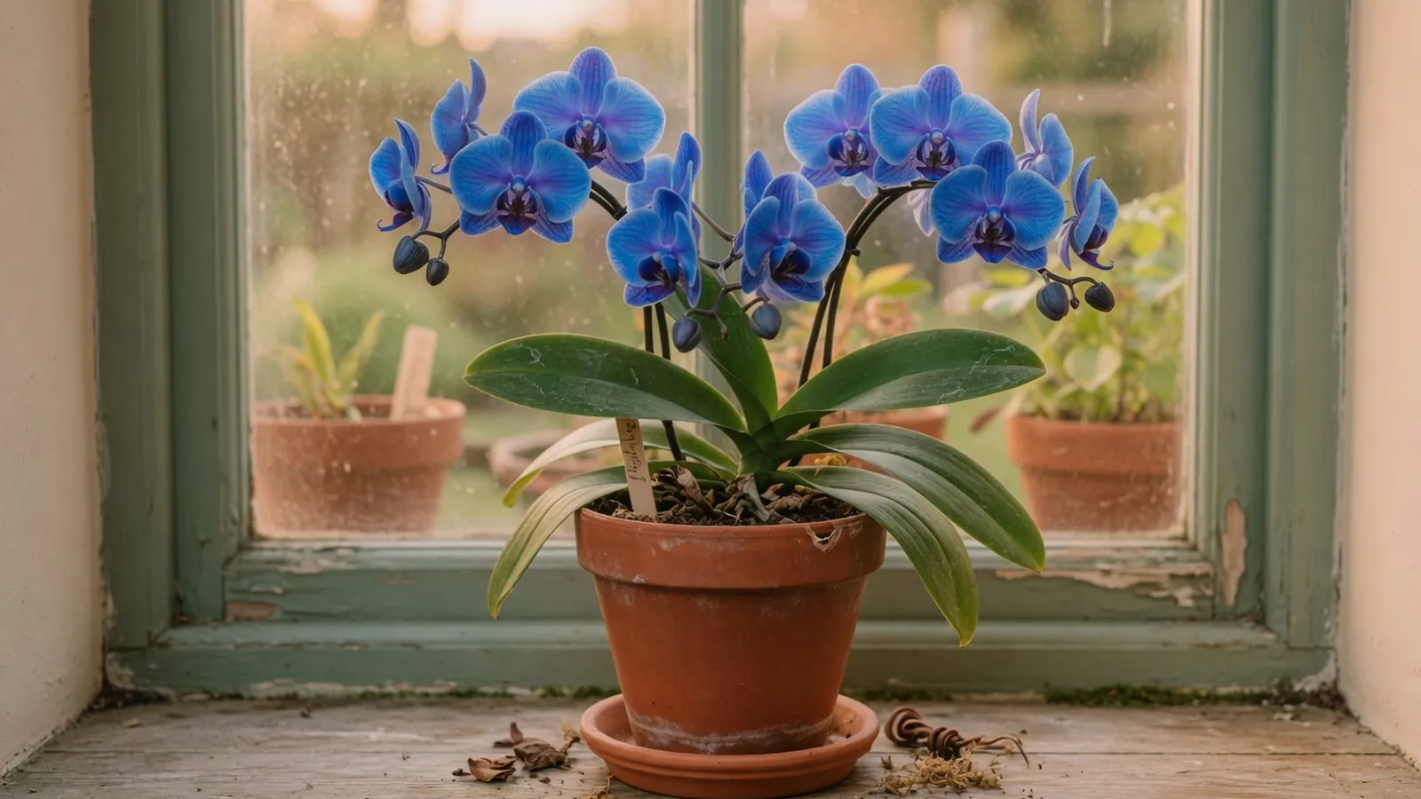 A potted Blue Mystique orchid displaying vibrant blue-tinted blooms and healthy green foliage.