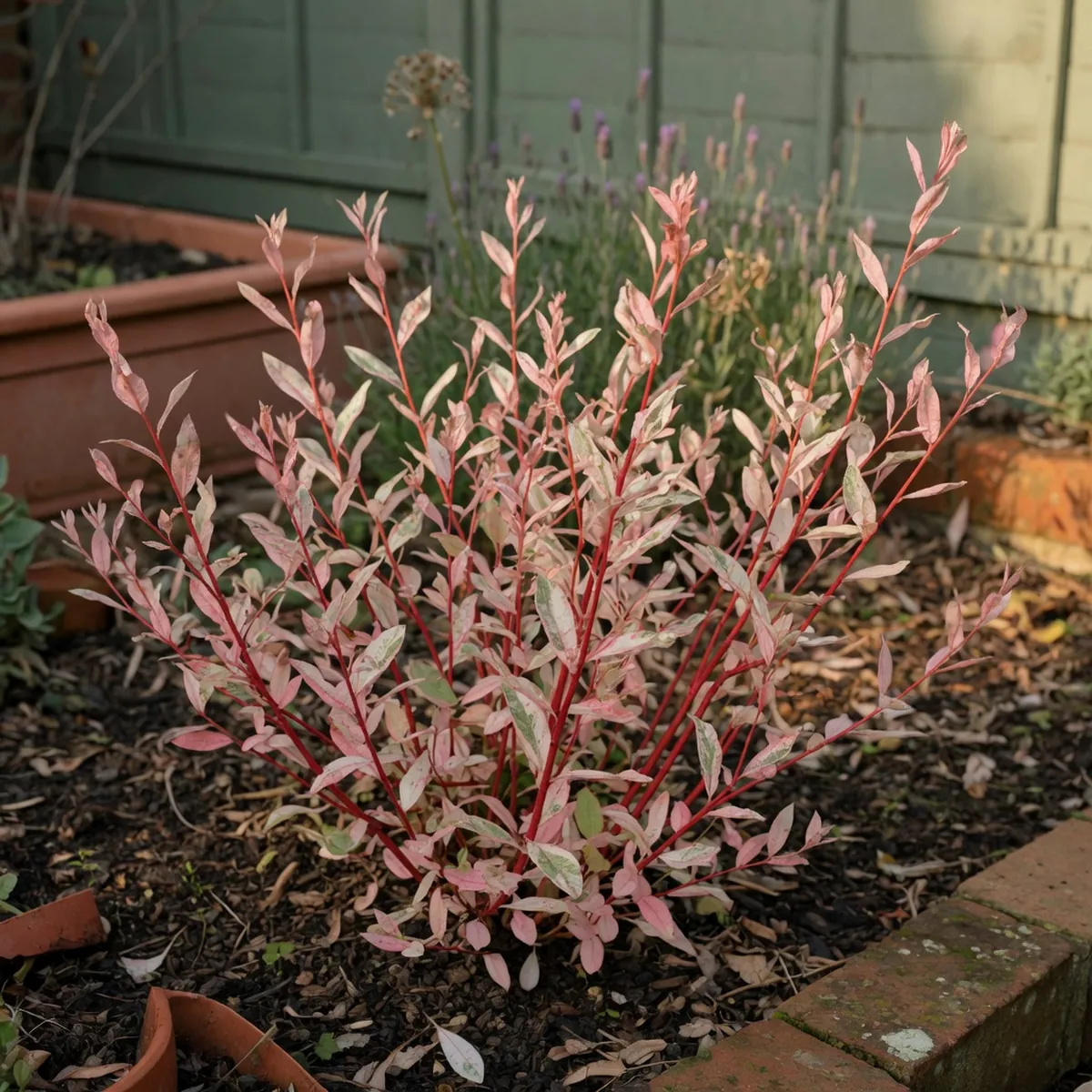 A dappled willow shrub with mottled pink, white, and light green leaves on coral-red stems.