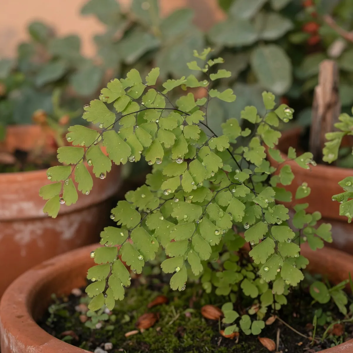 Close-up of delicate maidenhair fern leaves showing their intricate structure.
