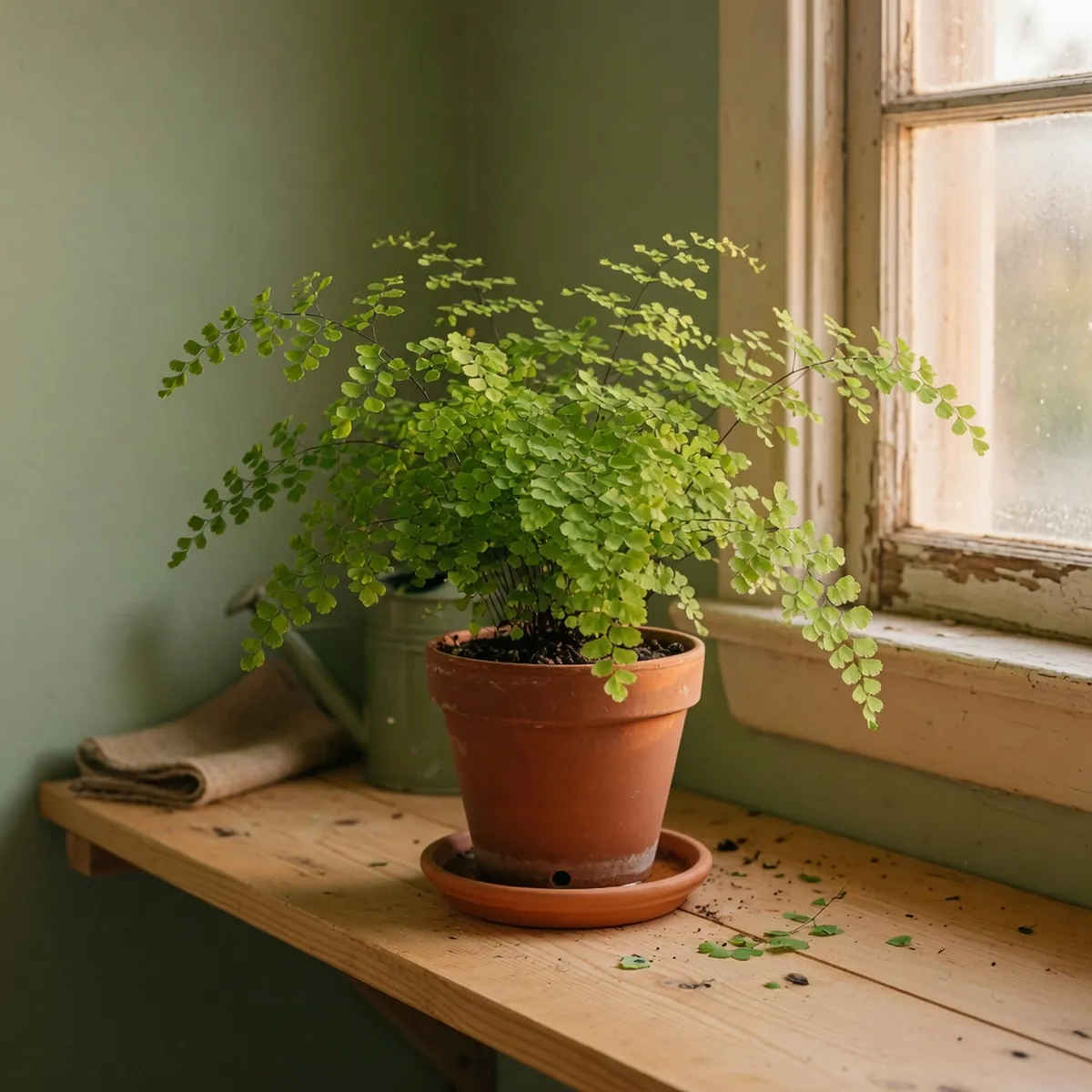 A potted maidenhair fern placed near a window with filtered light.