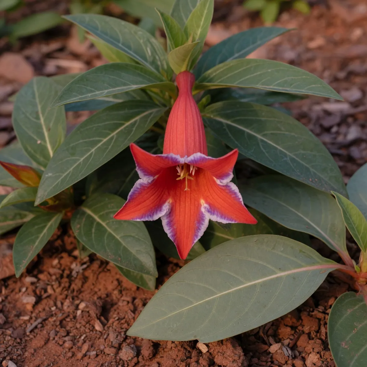 A close-up of a tubular orangish-red flower with a purple and white rim against green foliage.