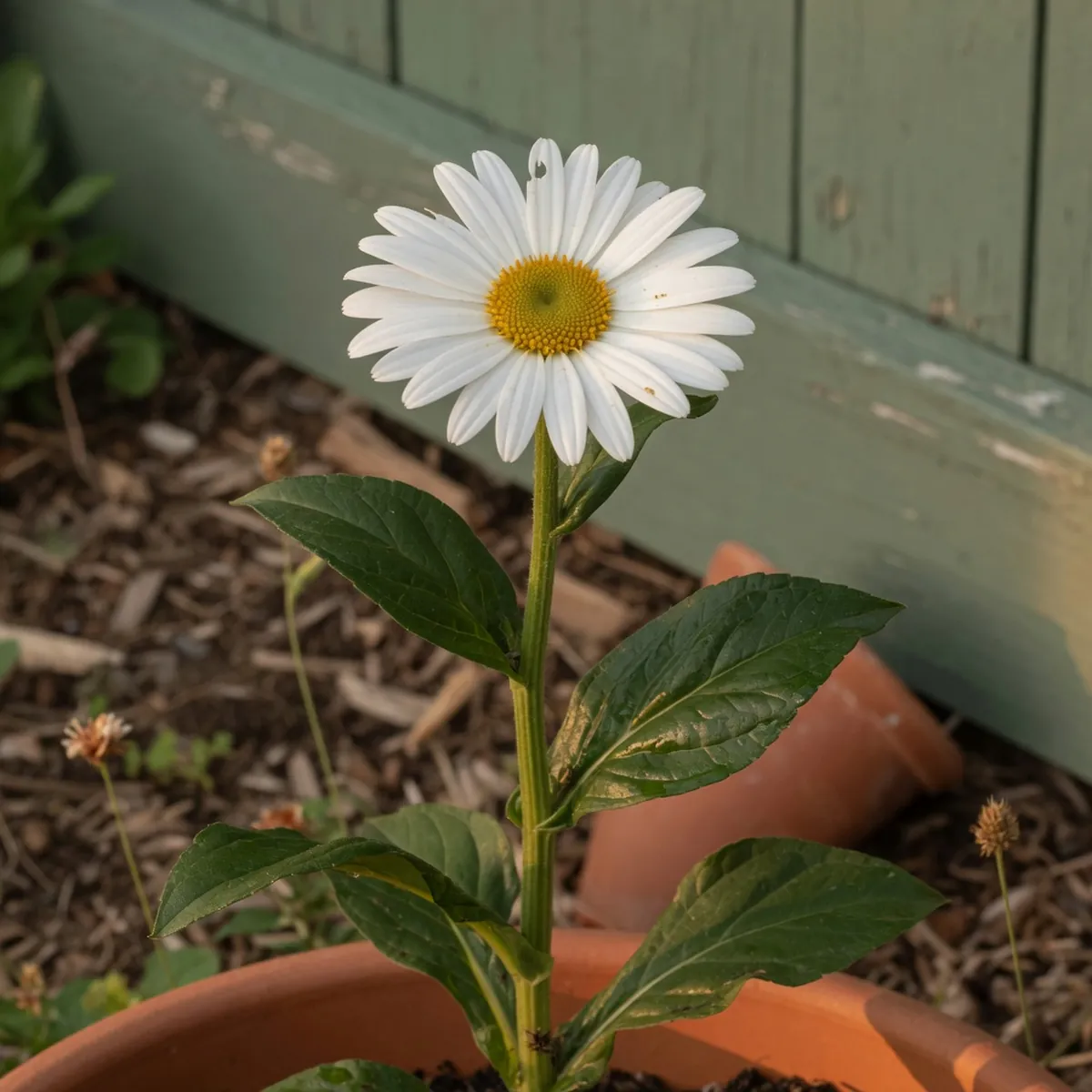 A healthy Montauk daisy plant with white petals and glossy green leaves thriving in bright sunlight.