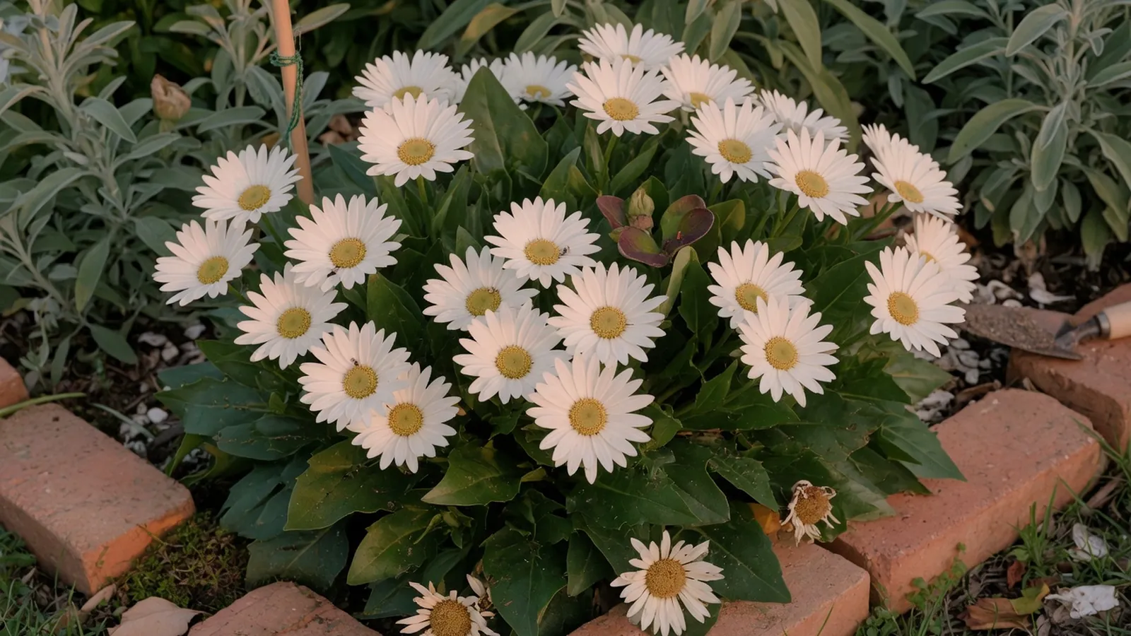 A cluster of white Montauk daisies with greenish-yellow centers blooming among glossy green foliage.