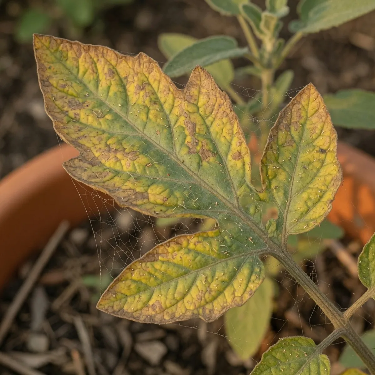 A tomato leaf displaying yellow and bronze discoloration with fine spider webs on the surface.