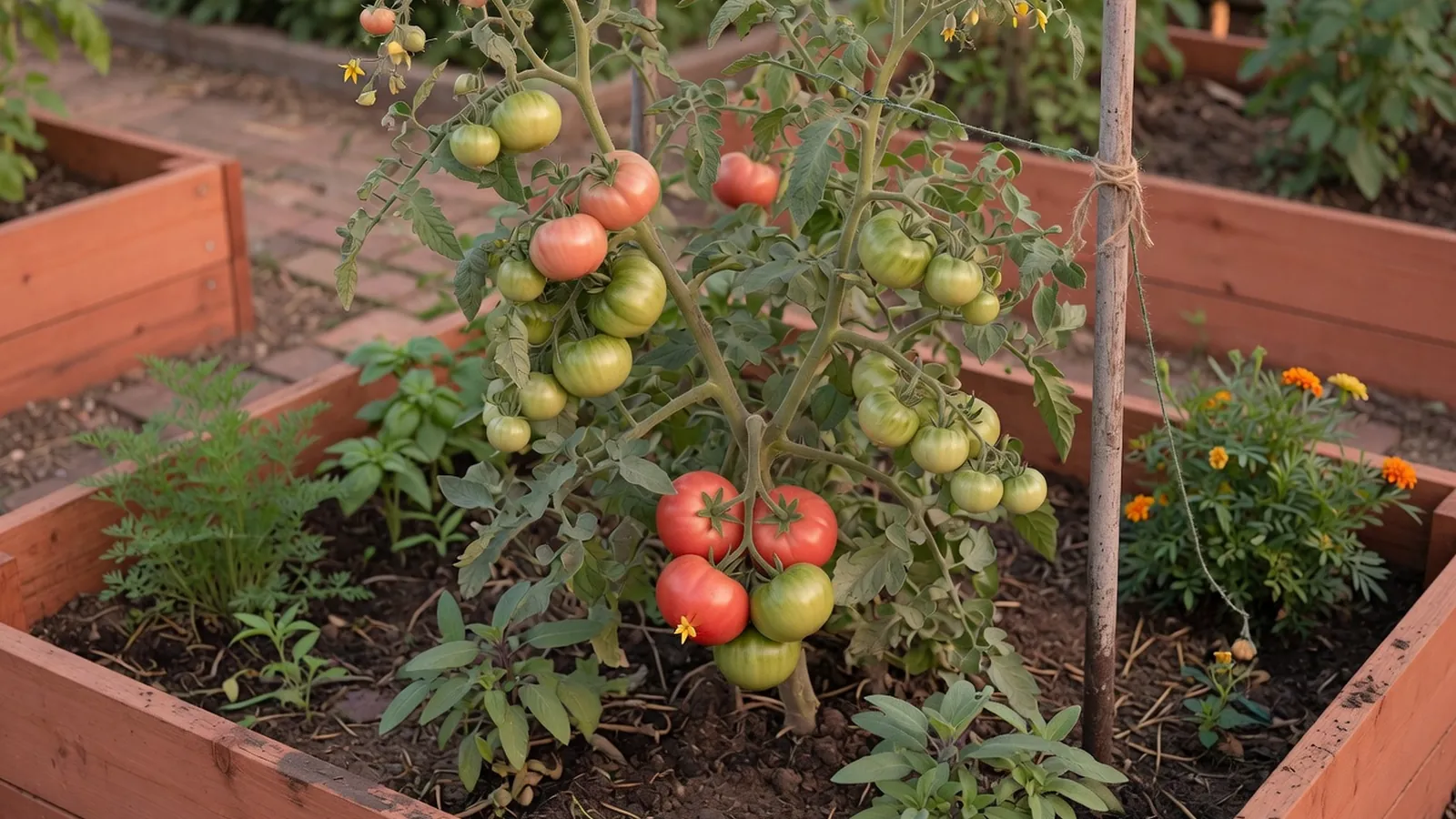 A tomato plant growing in a garden bed with clusters of green and ripening red fruits.