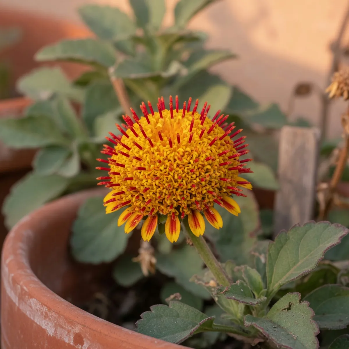 A close-up of a toothache plant flower head showing its yellow and red petals against green foliage.