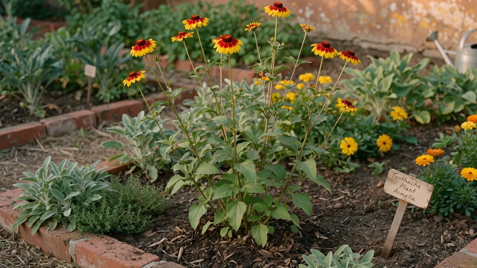 A healthy toothache plant growing in a garden bed with its distinctive yellow and red flower heads visible.