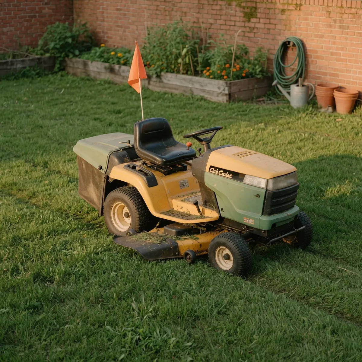 A riding lawn mower sits on a well-maintained green lawn under natural daylight.
