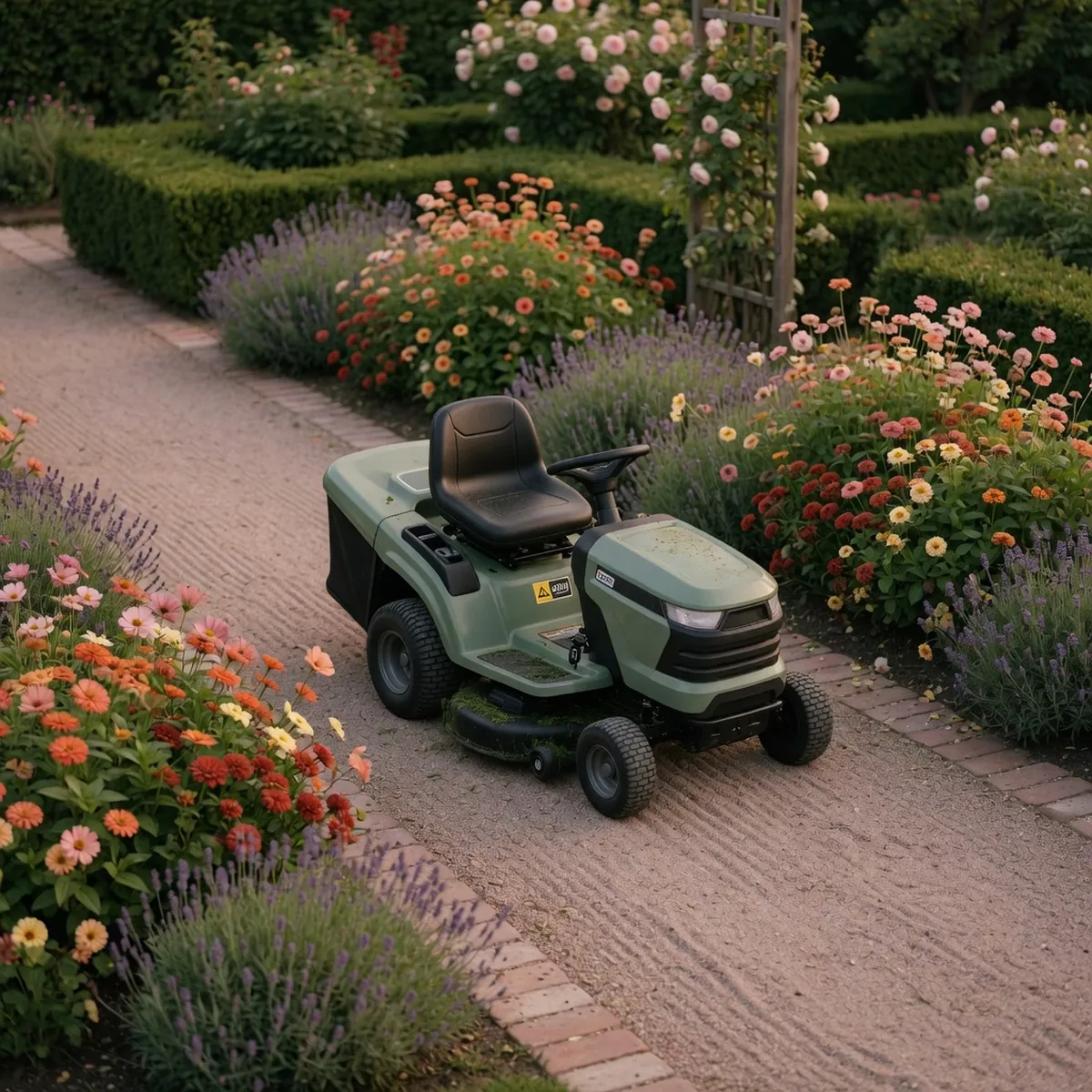 A compact electric riding mower rests on a paved garden path beside blooming flowers.