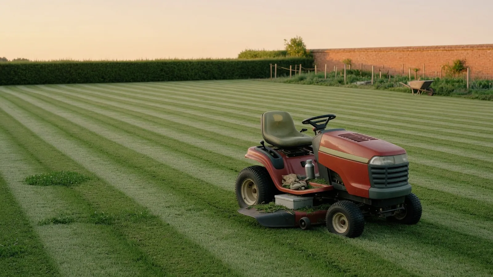 A wide-angle view of a modern riding mower on a sprawling suburban lawn.