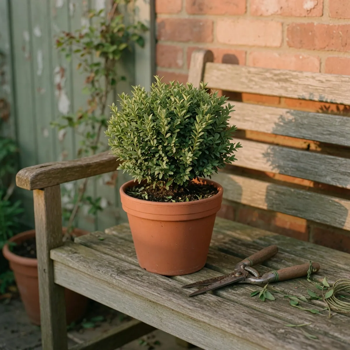 A neatly trimmed green shrub resting on a wooden garden bench beside pruning shears.