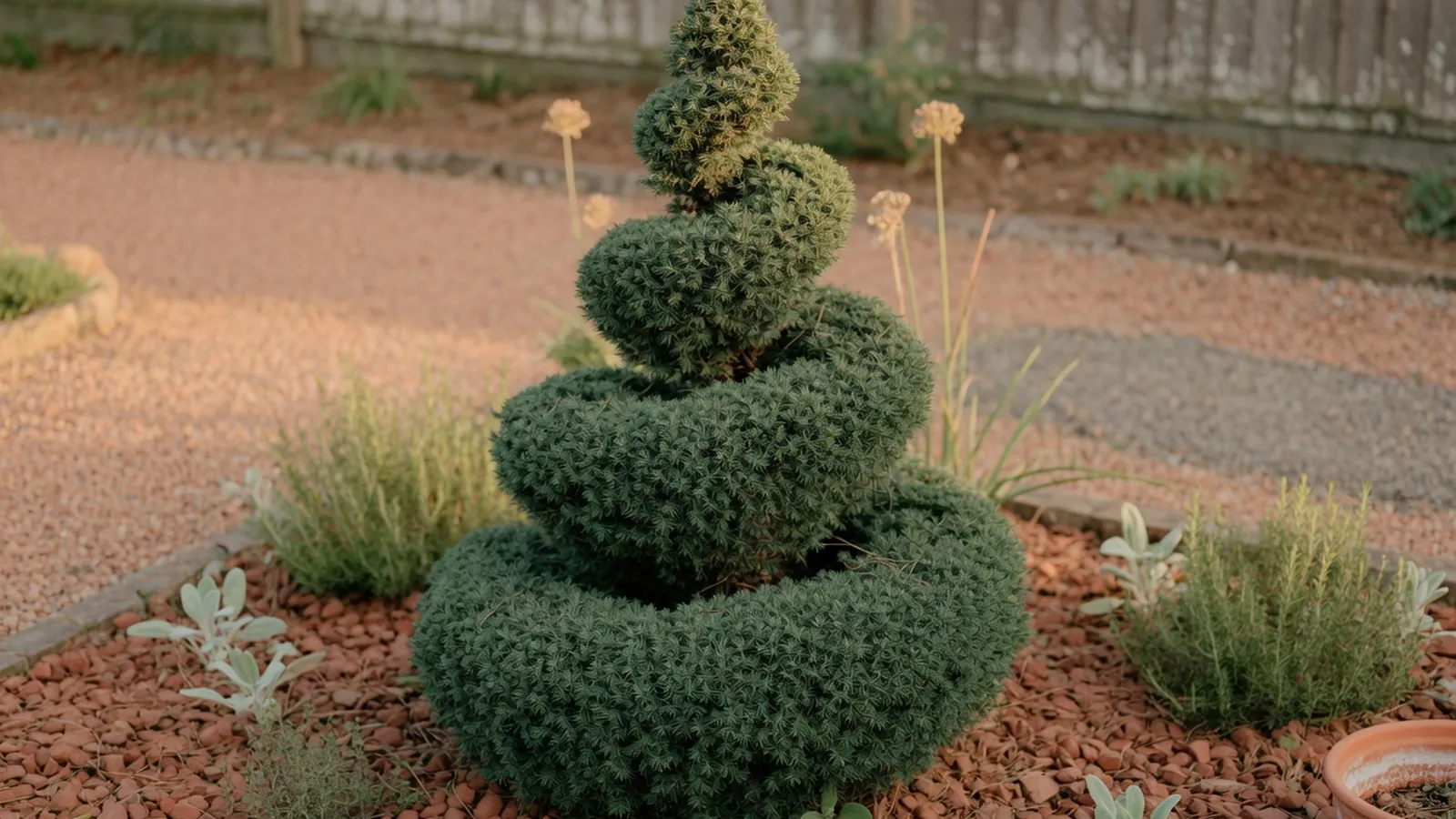 A sculpted evergreen shrub shaped into a classic spiral topiary form in a quiet garden.