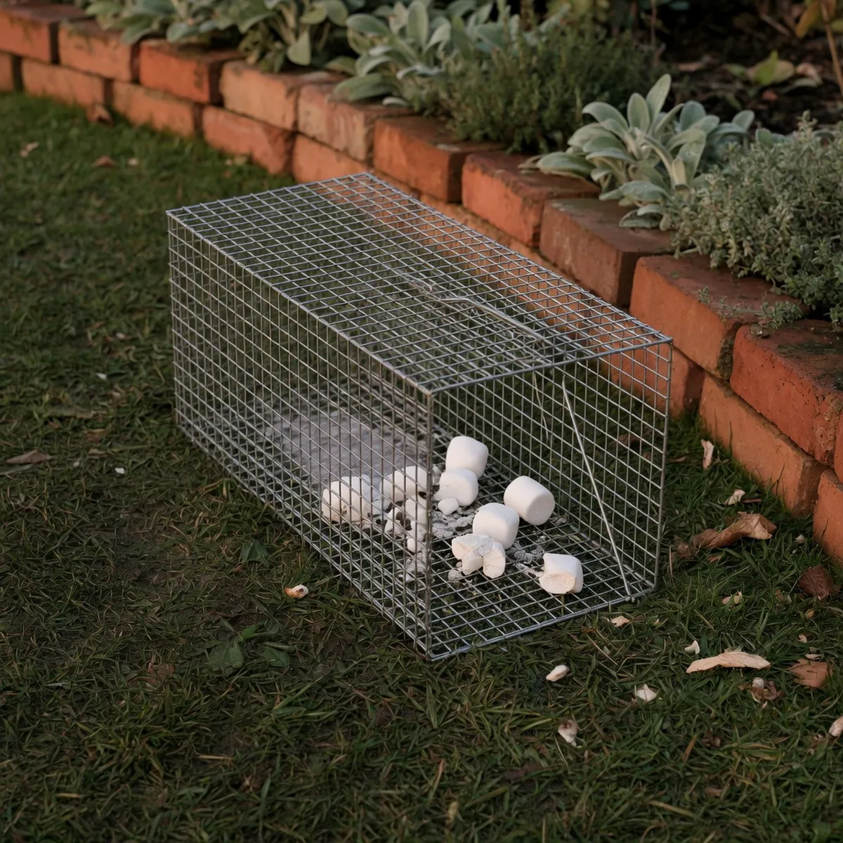 A wire cage trap sitting on grass with marshmallows placed inside as bait.