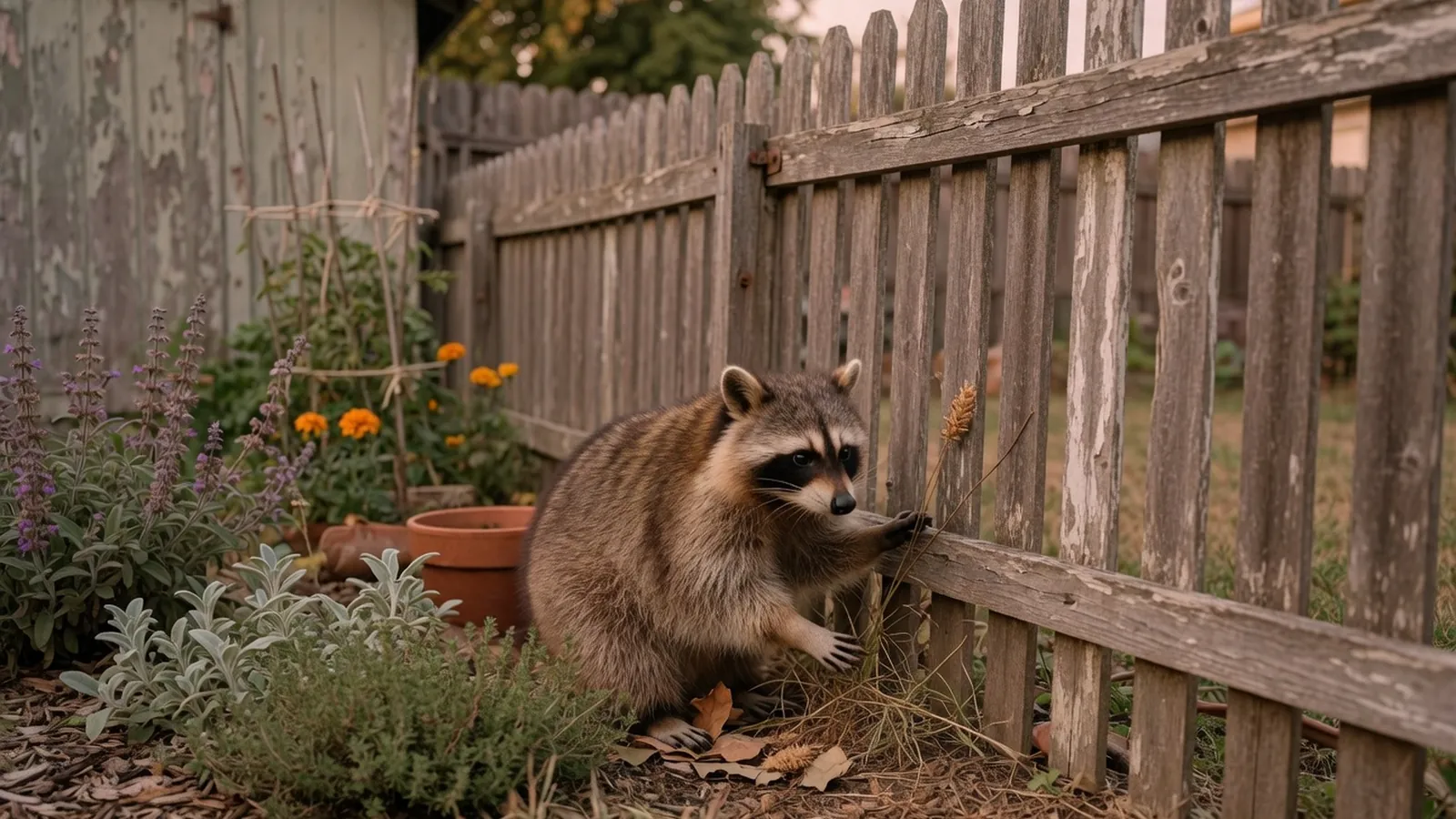 A raccoon foraging near a wooden fence in a quiet suburban garden.