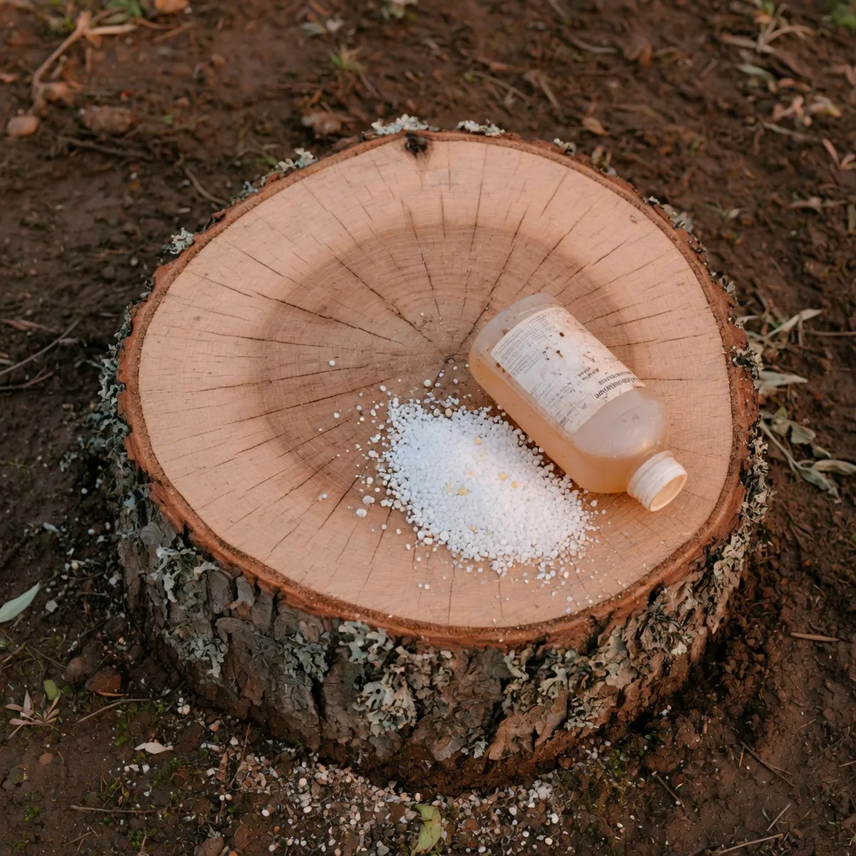 A cut tree stump with fertilizer and liquid nearby on damp soil.