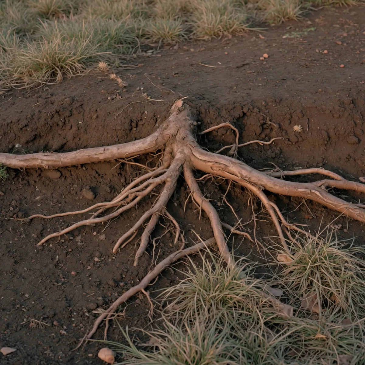 Exposed tree roots spreading across dark soil with patches of dry grass nearby.