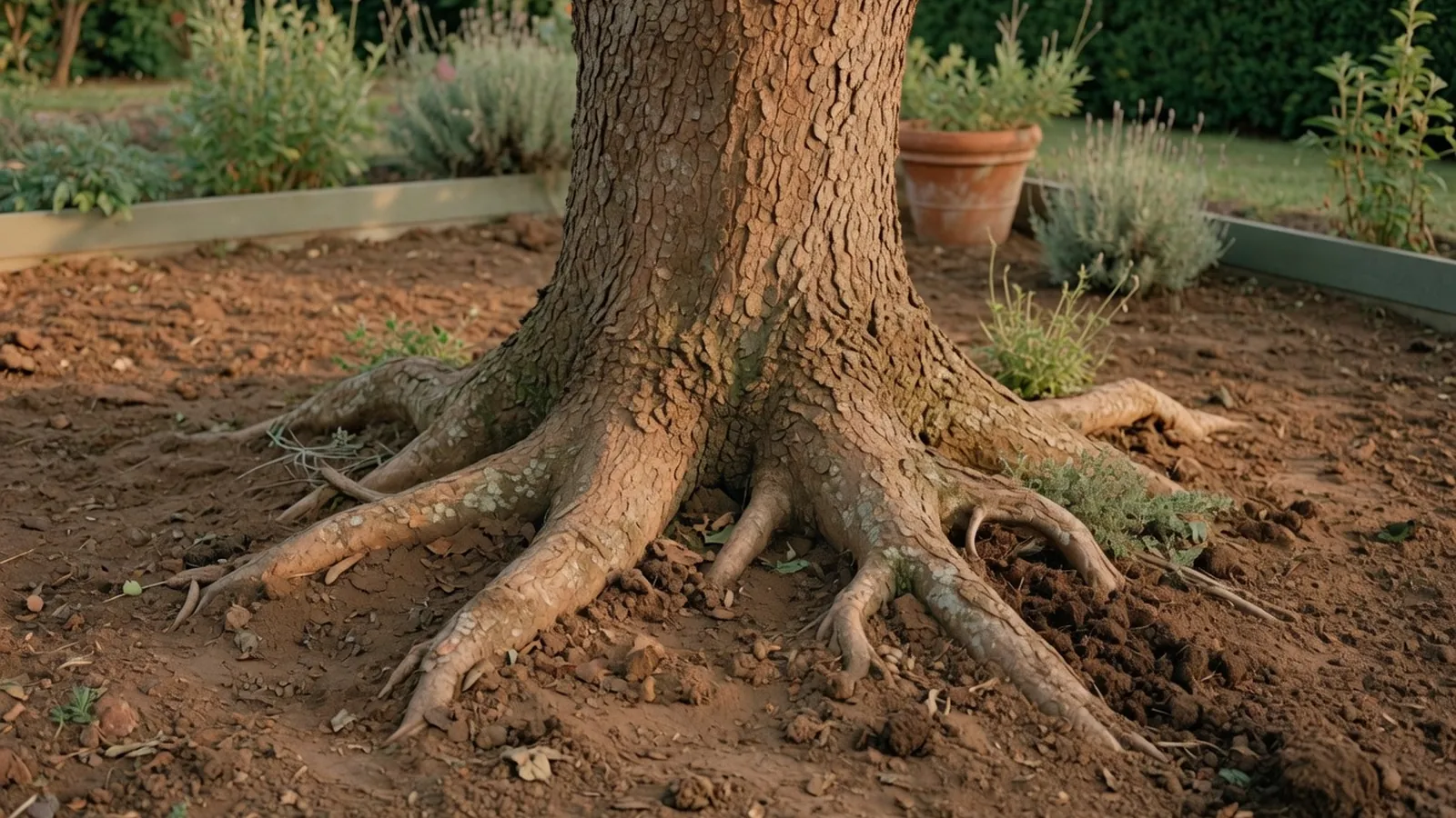 A mature tree trunk with thick roots emerging from rich brown earth in a garden.