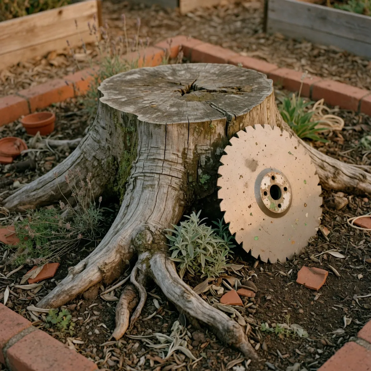 A sharp metal grinder blade resting against a weathered tree stump in a garden bed.
