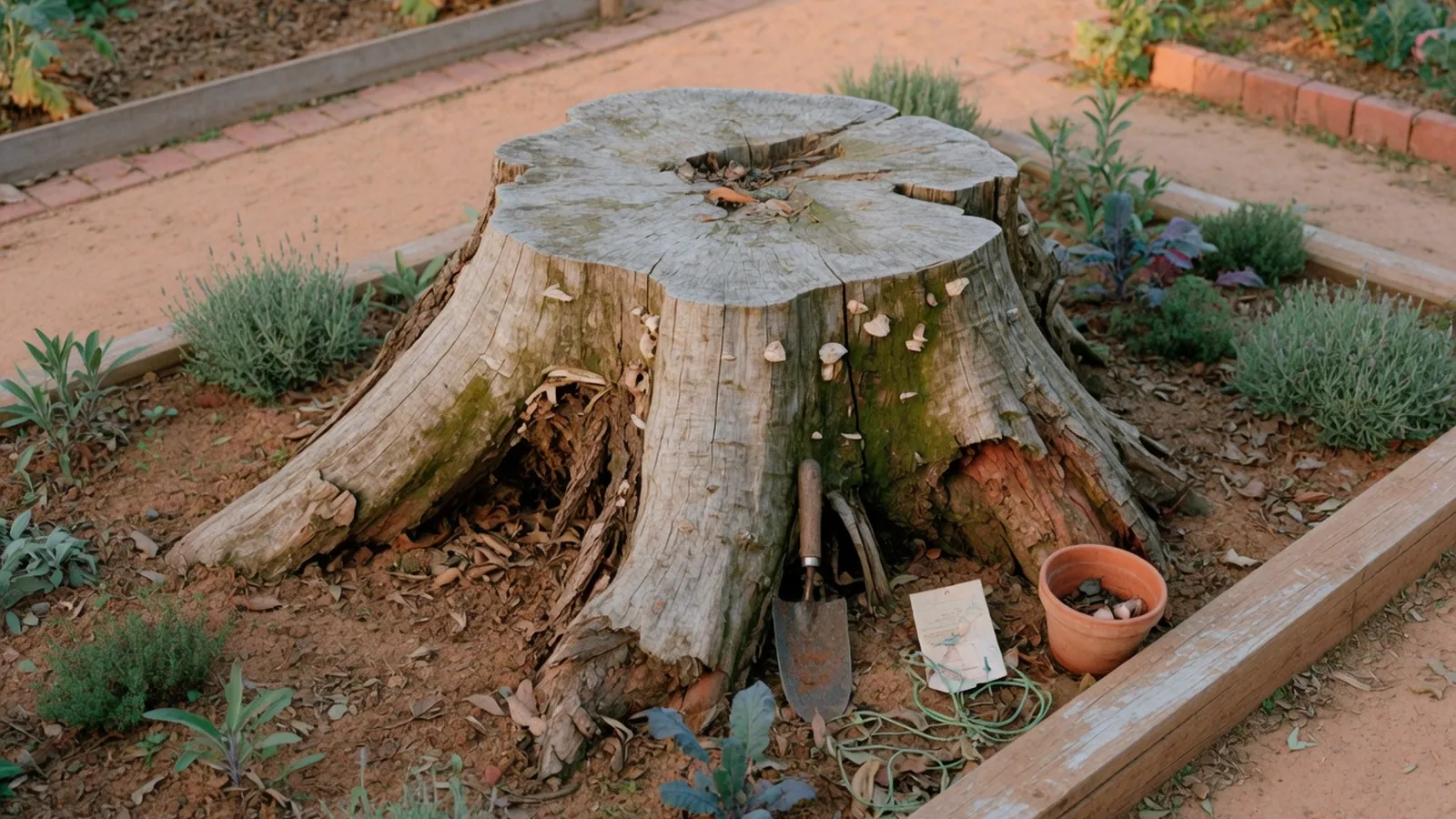 A weathered tree stump remaining in a garden bed after a tree has been cut down.