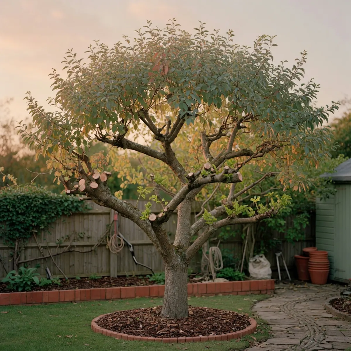 A pruned tree with an open canopy and healthy regrowth in a garden setting.