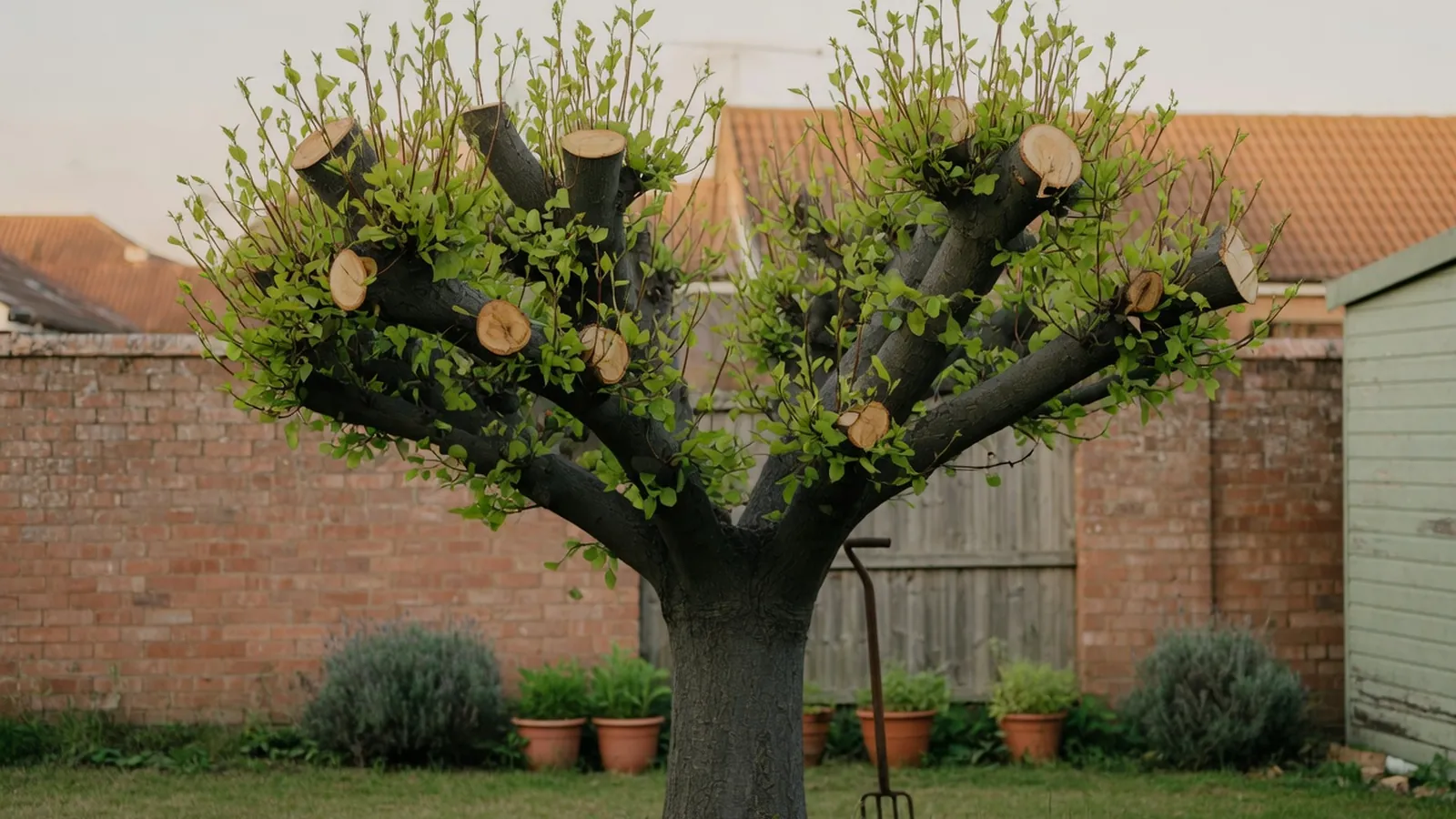 A large tree with blunt, unnatural cuts at the top of its canopy, surrounded by fresh green regrowth shoots.