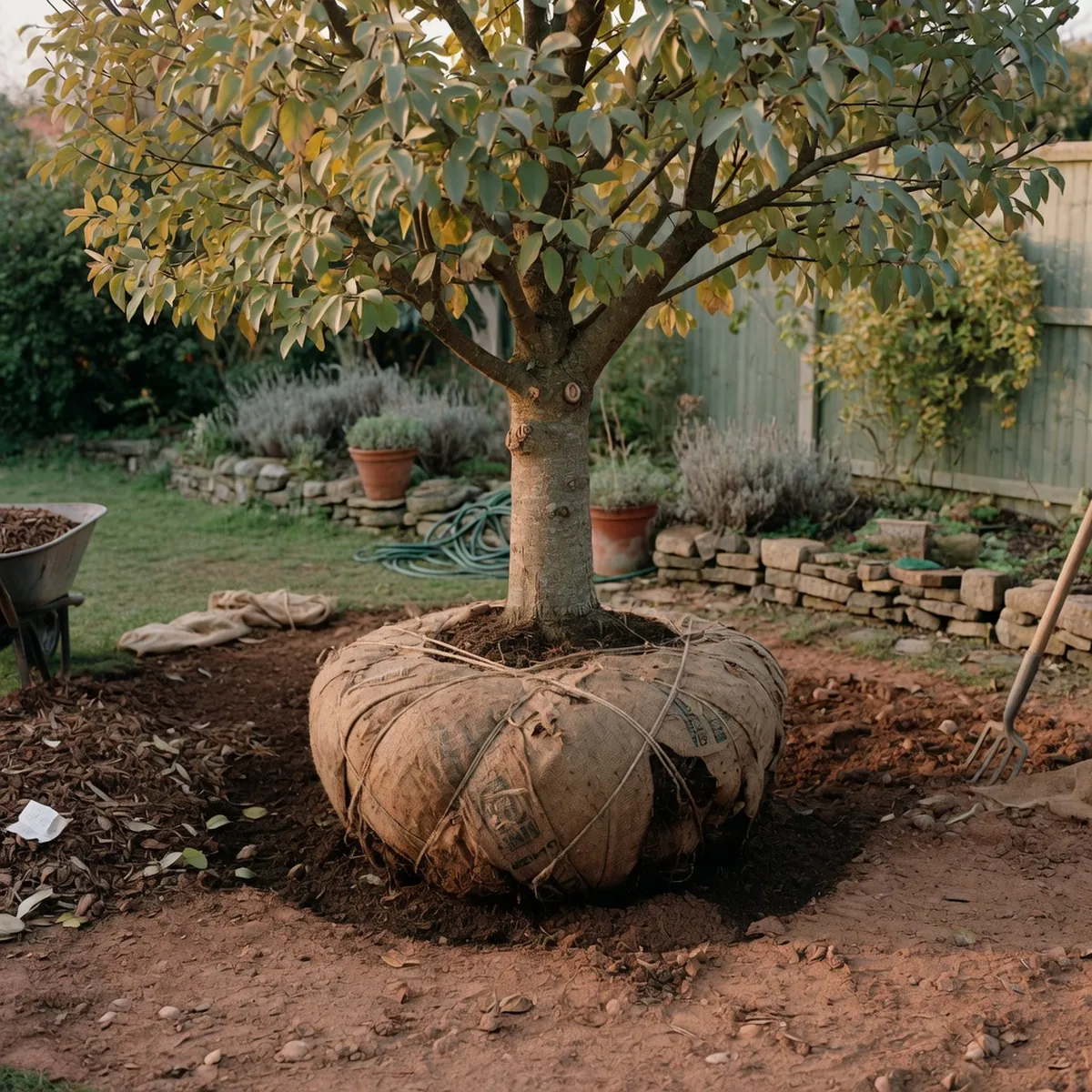 A mature tree with its root ball wrapped in burlap resting on prepared soil.