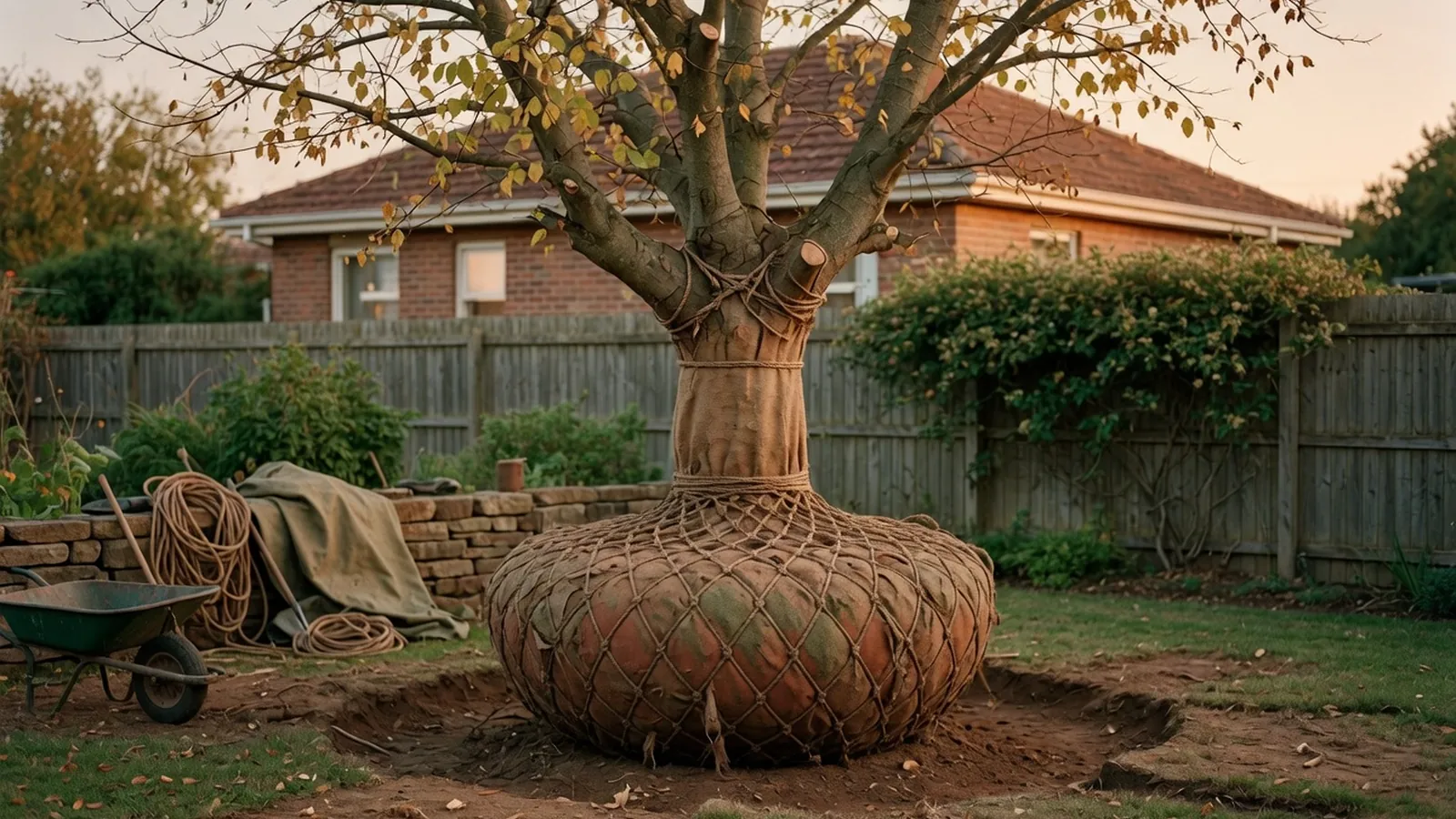 A large tree prepared for relocation with its root ball secured in a garden setting.