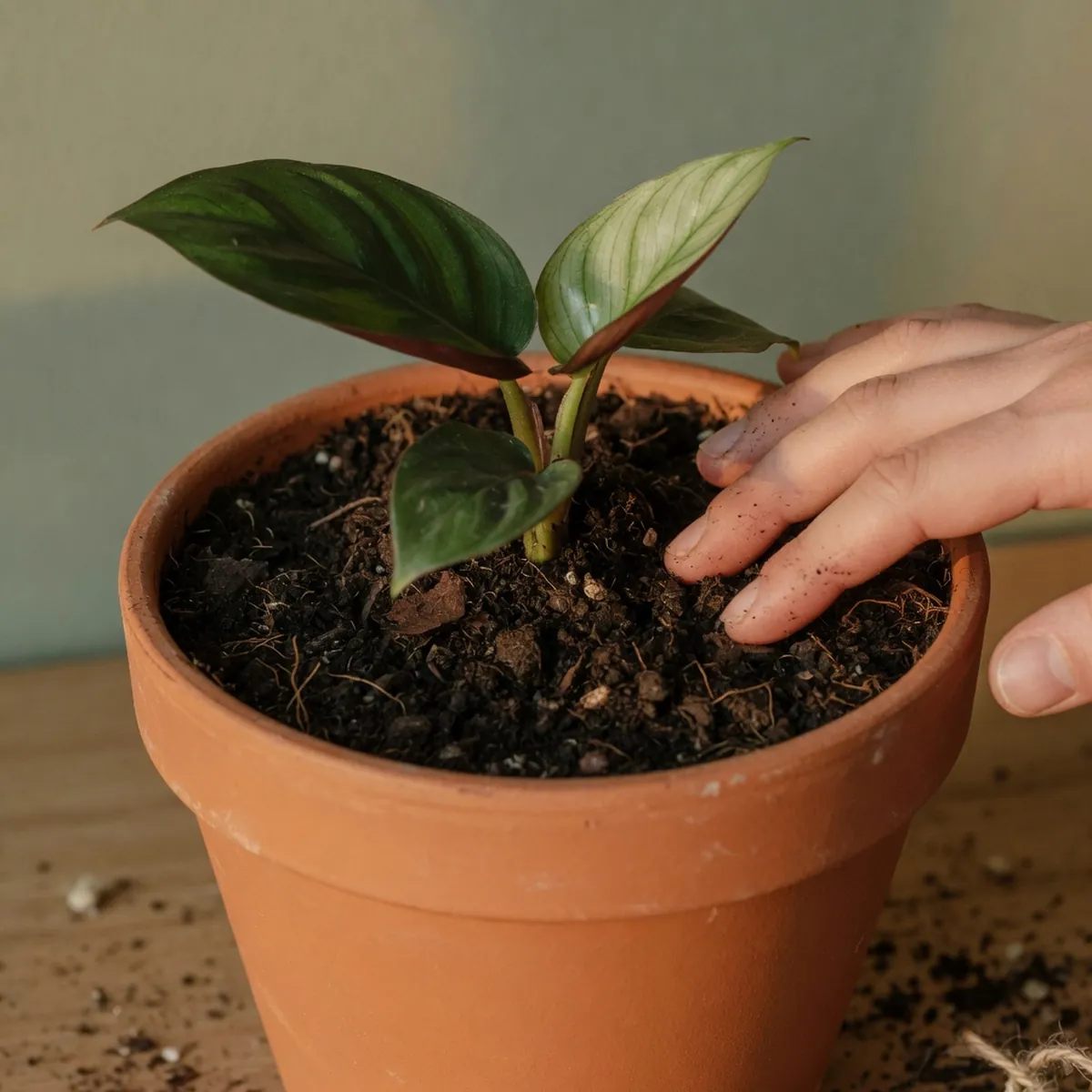 A terracotta pot containing a healthy tropical plant with dark, crumbly soil and a hand gently pressing into the earth.