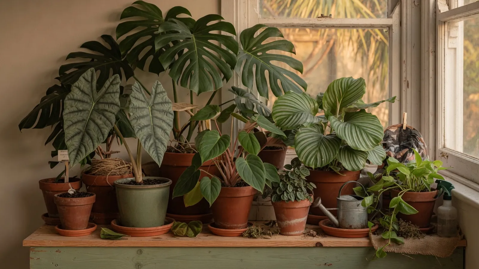 A collection of vibrant tropical houseplants with broad green leaves sitting on a wooden shelf by a bright window.