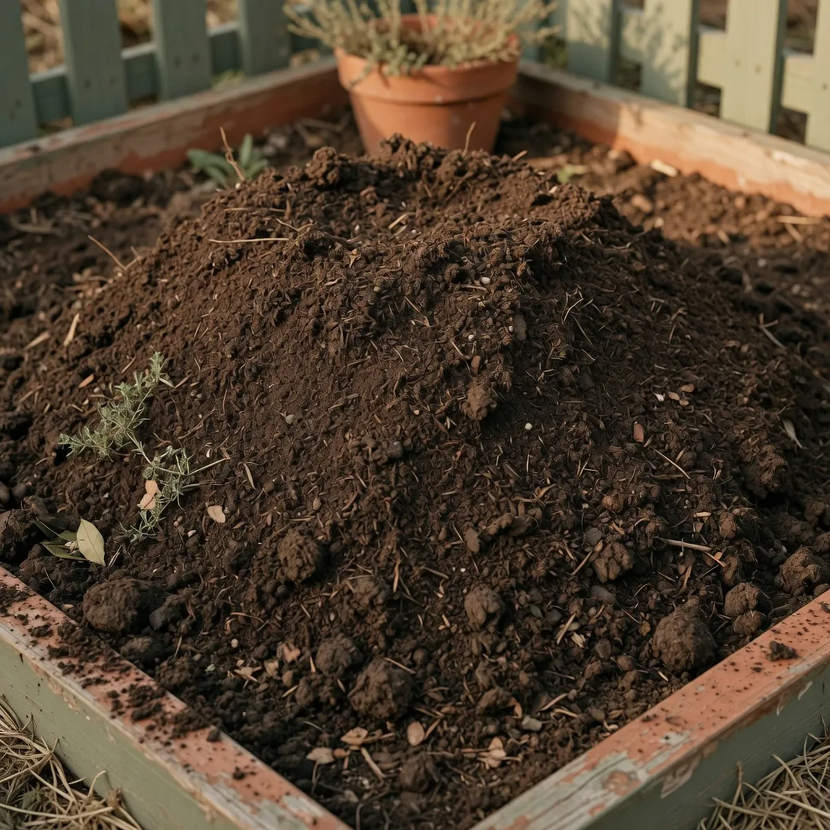 A mound of rich, dark loamy soil mixed with organic compost in a prepared garden bed.
