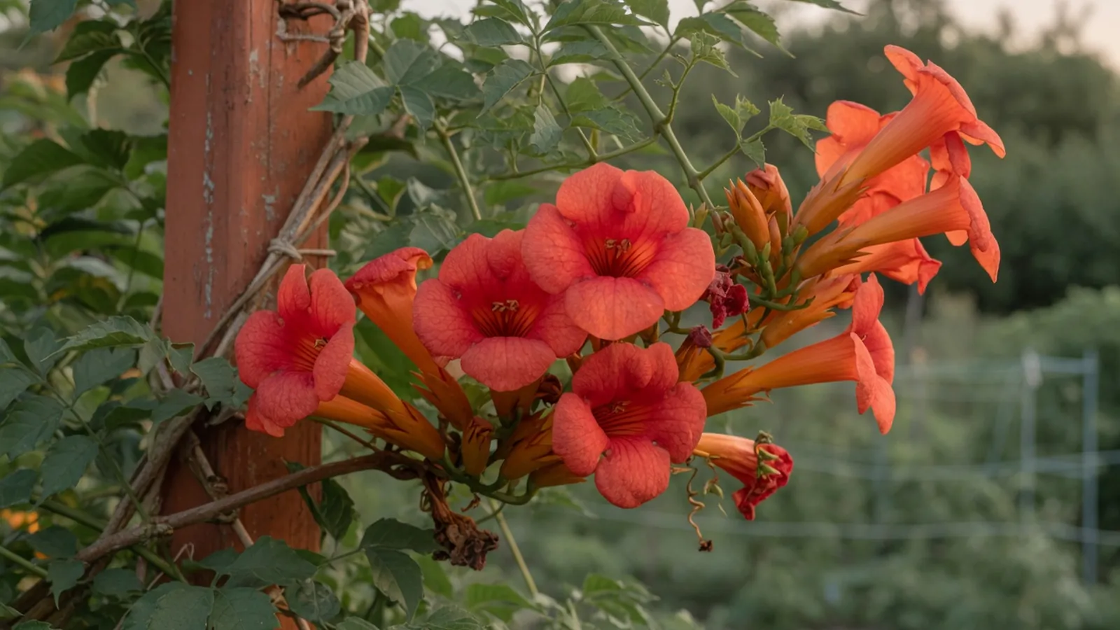 A cluster of vibrant reddish-orange trumpet-shaped flowers blooming on a climbing vine against a soft green background.