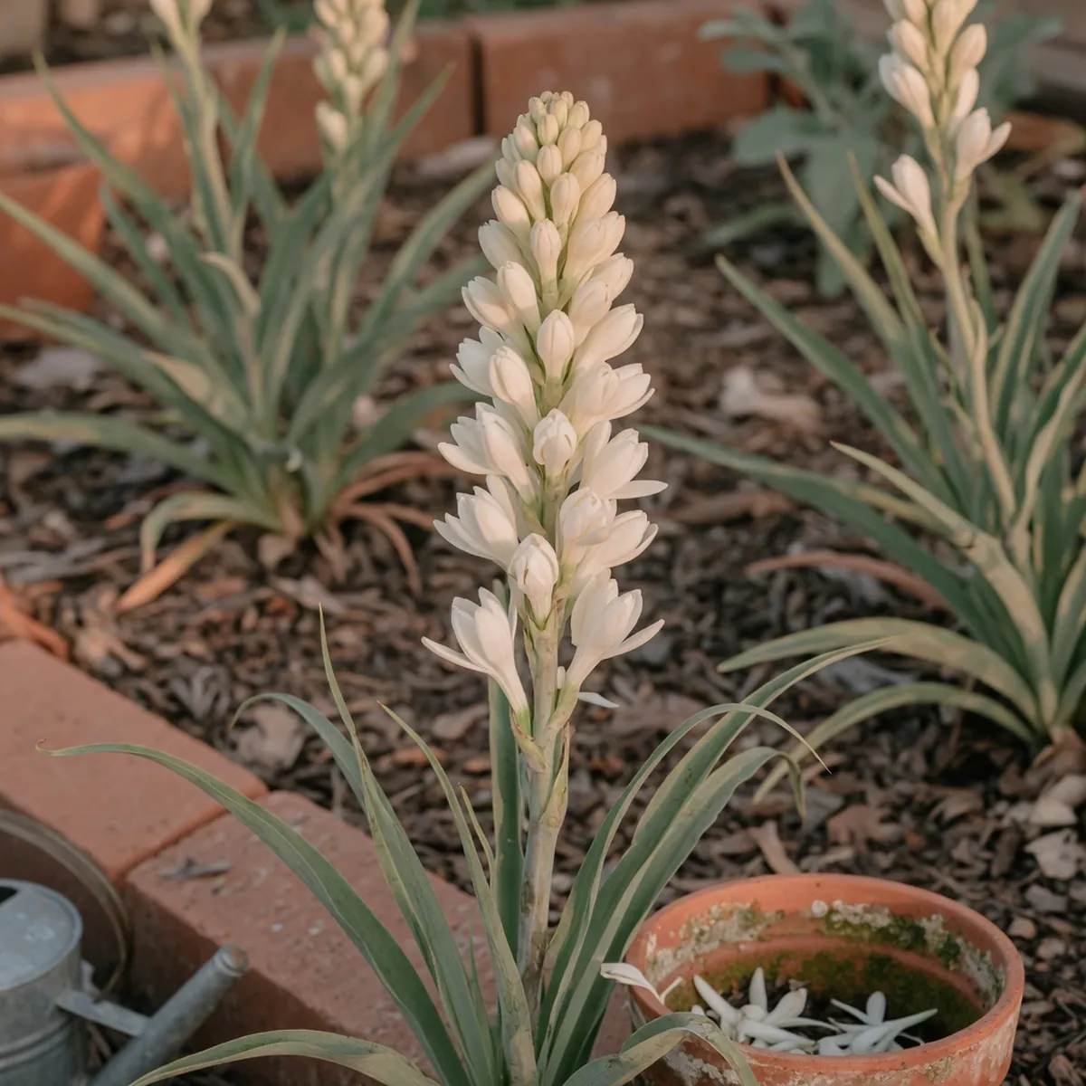 A tall tuberose flower spike densely packed with unopened waxy white buds along its length.