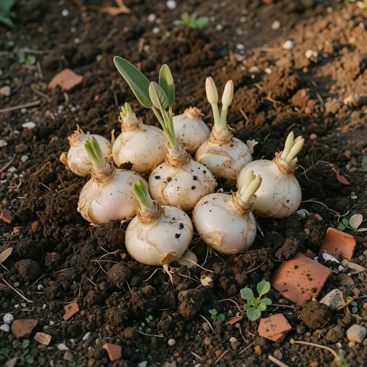 A cluster of pale tuberose bulbs resting on dark garden soil with emerging green shoots.