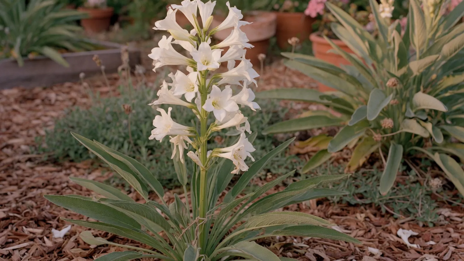 A tall spike of waxy white funnel-shaped flowers blooming on a slender green stem among long leaves.