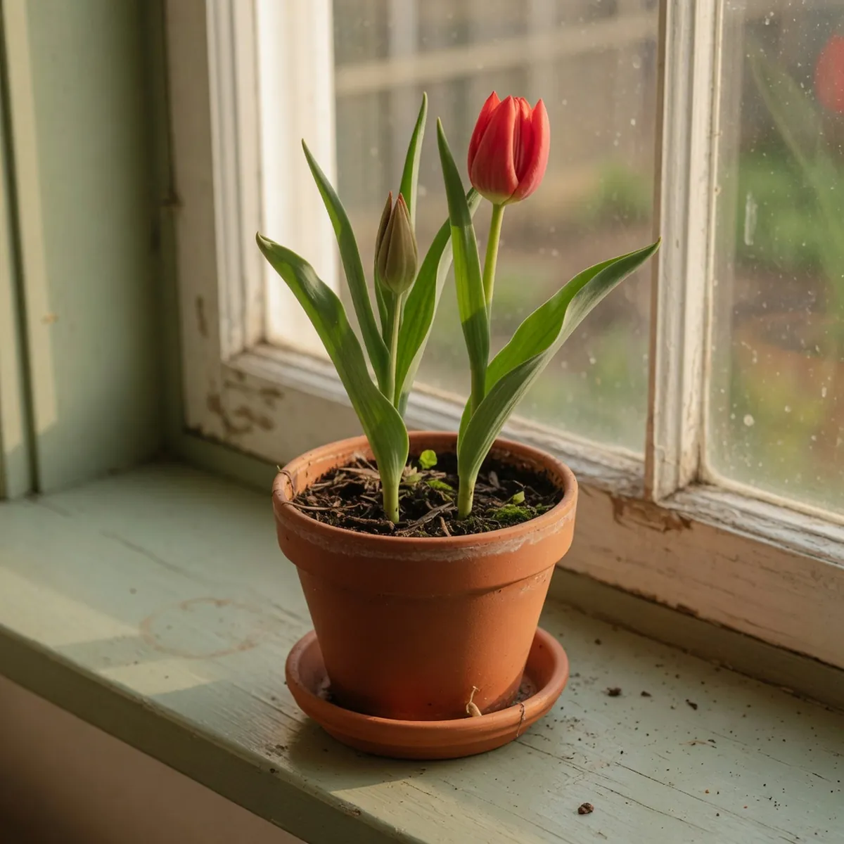 A terracotta pot containing a young tulip plant with slender green leaves and a single closed red bud resting on a wooden windowsill.